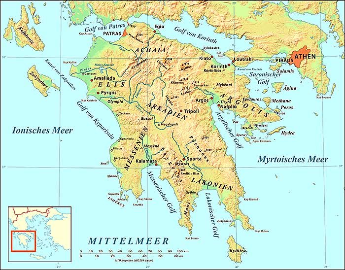 Landkarte des Peloponnes (Morea).