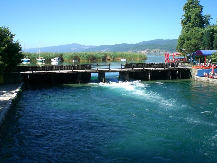 View of the Black Drin River emerging from Lake Ohrid at Struga in Macedonia (Photo: Robert Elsie, June 2007)
