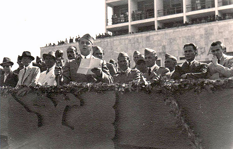 Enver Hoxha speaking in front of Hotel Dajti in Tirana, 10 July 1945.